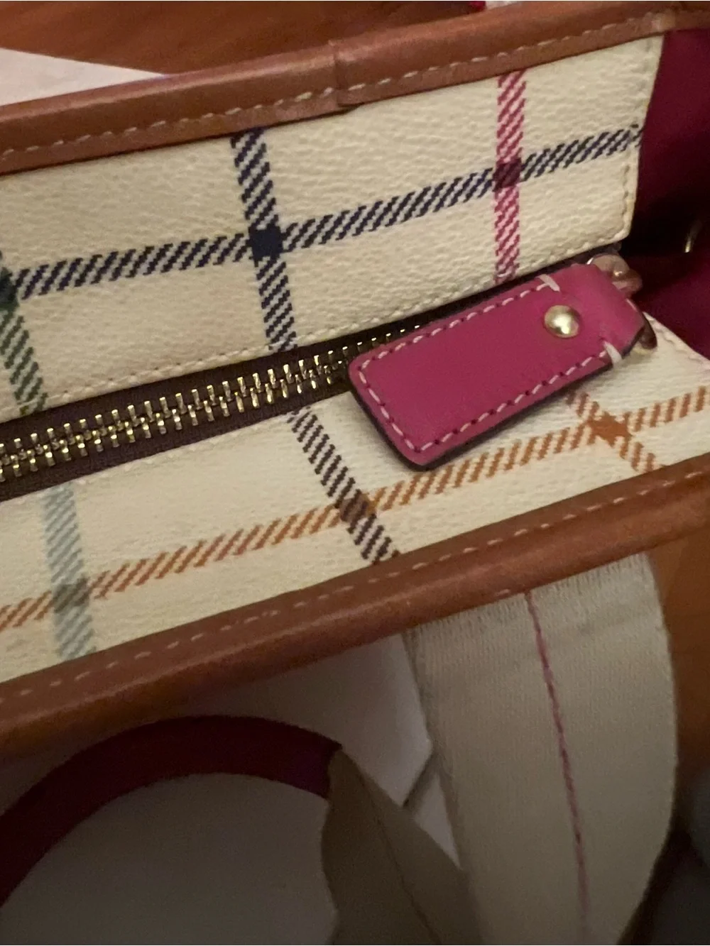Vintage COACH Heritage Stripe Tattersall Plaid Tote Bag Magenta